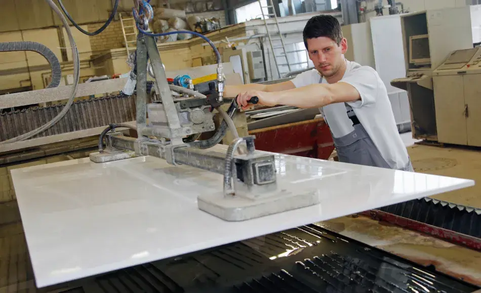 Mann bedient Maschine in Fabrik und hebt große weiße Platte an.