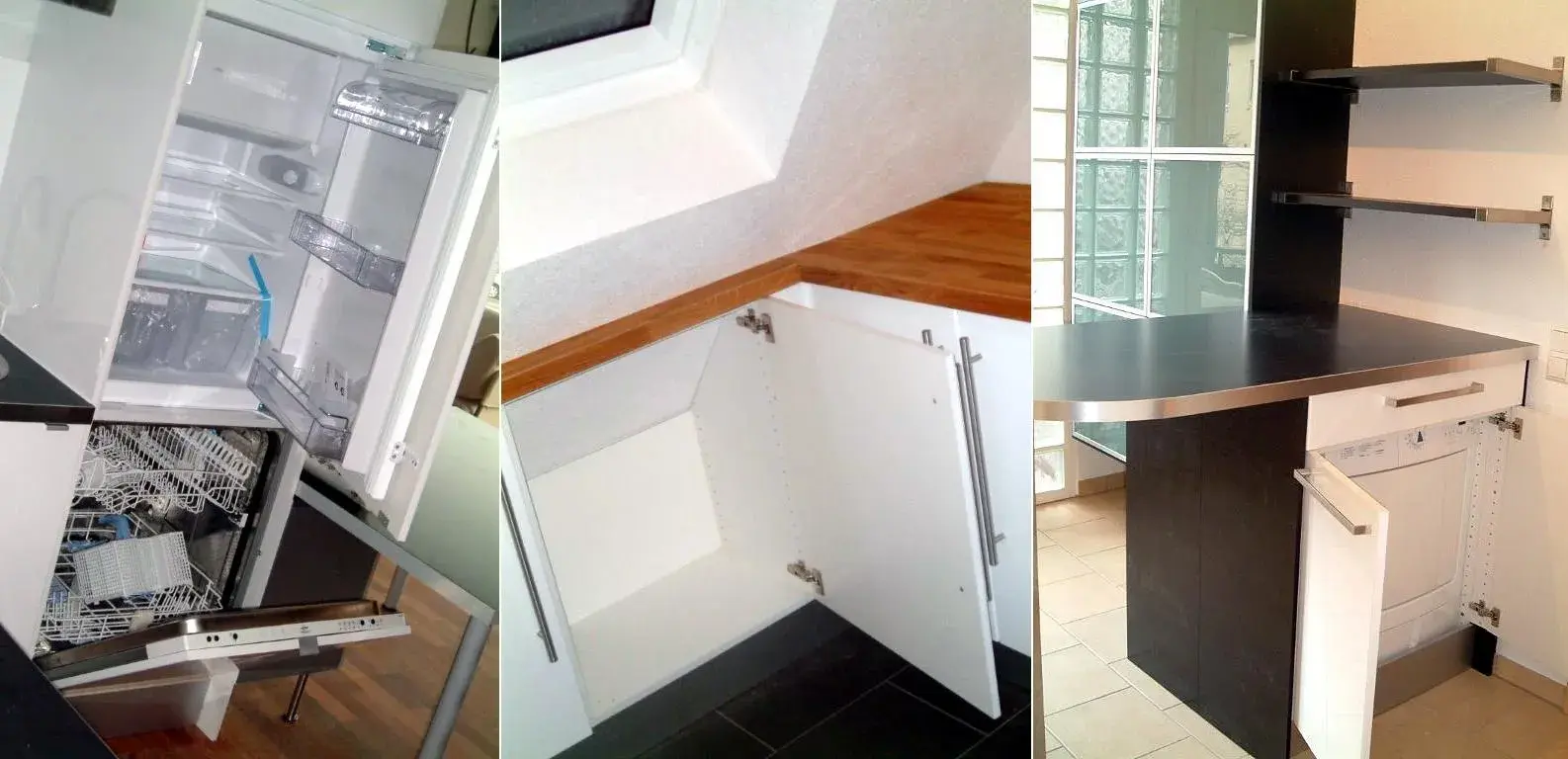 Drei verschiedene Einbauschränke und Küchenlösungen in modernem Design.