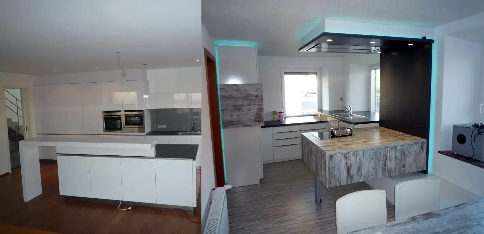 Zwei moderne Küchen mit weißen Möbeln und großen Arbeitsflächen nebeneinander.